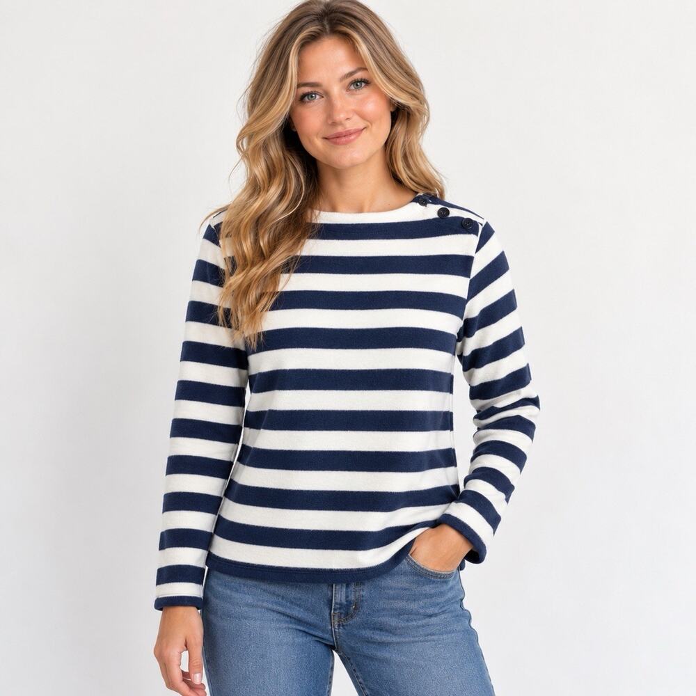 Talbots Navy White Striped Fleece Top Small NWT Button Shoulder Long Sleeve
